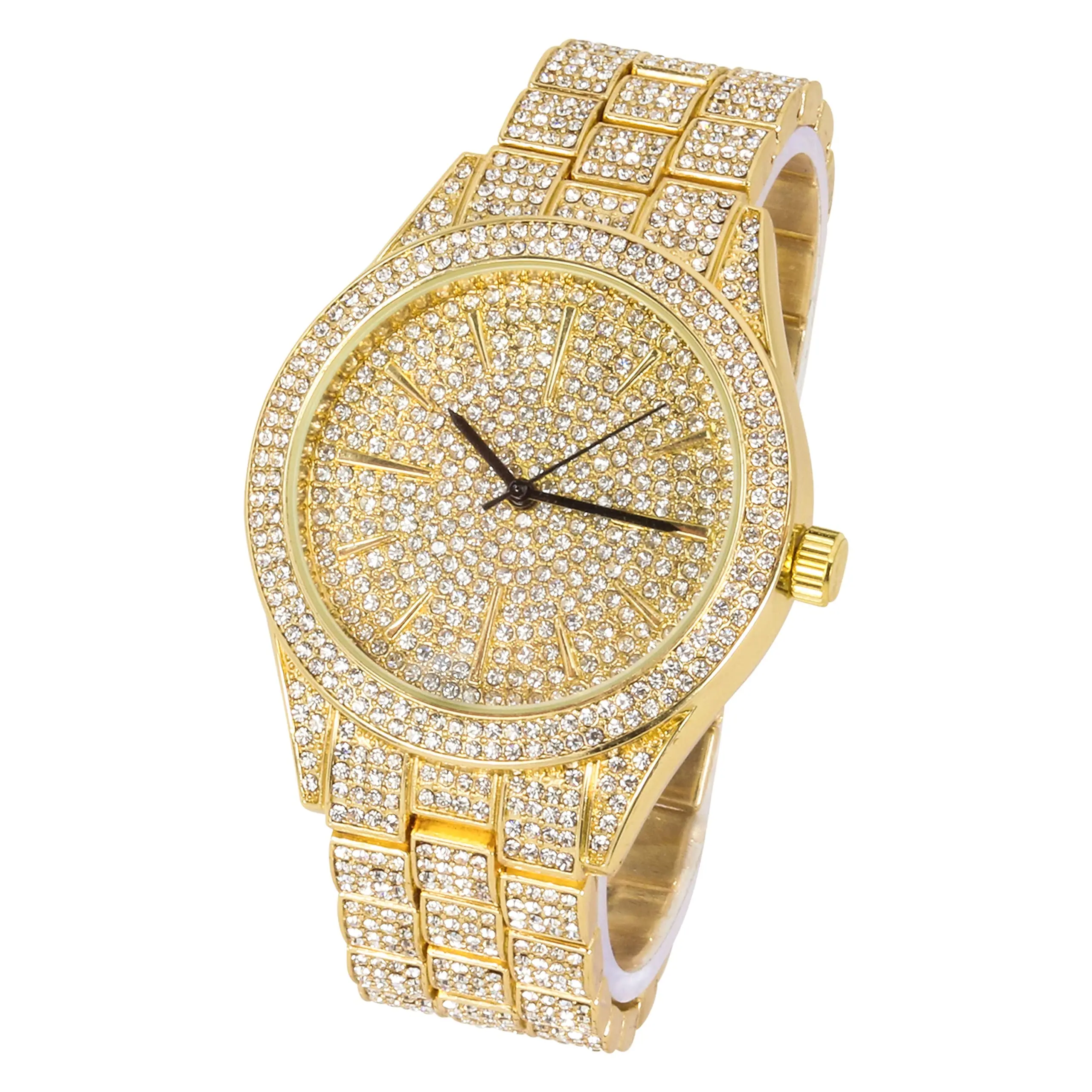 Men's 42mm Round Iced Diamond Watch with Stainless Steel Band and Crystal Accents