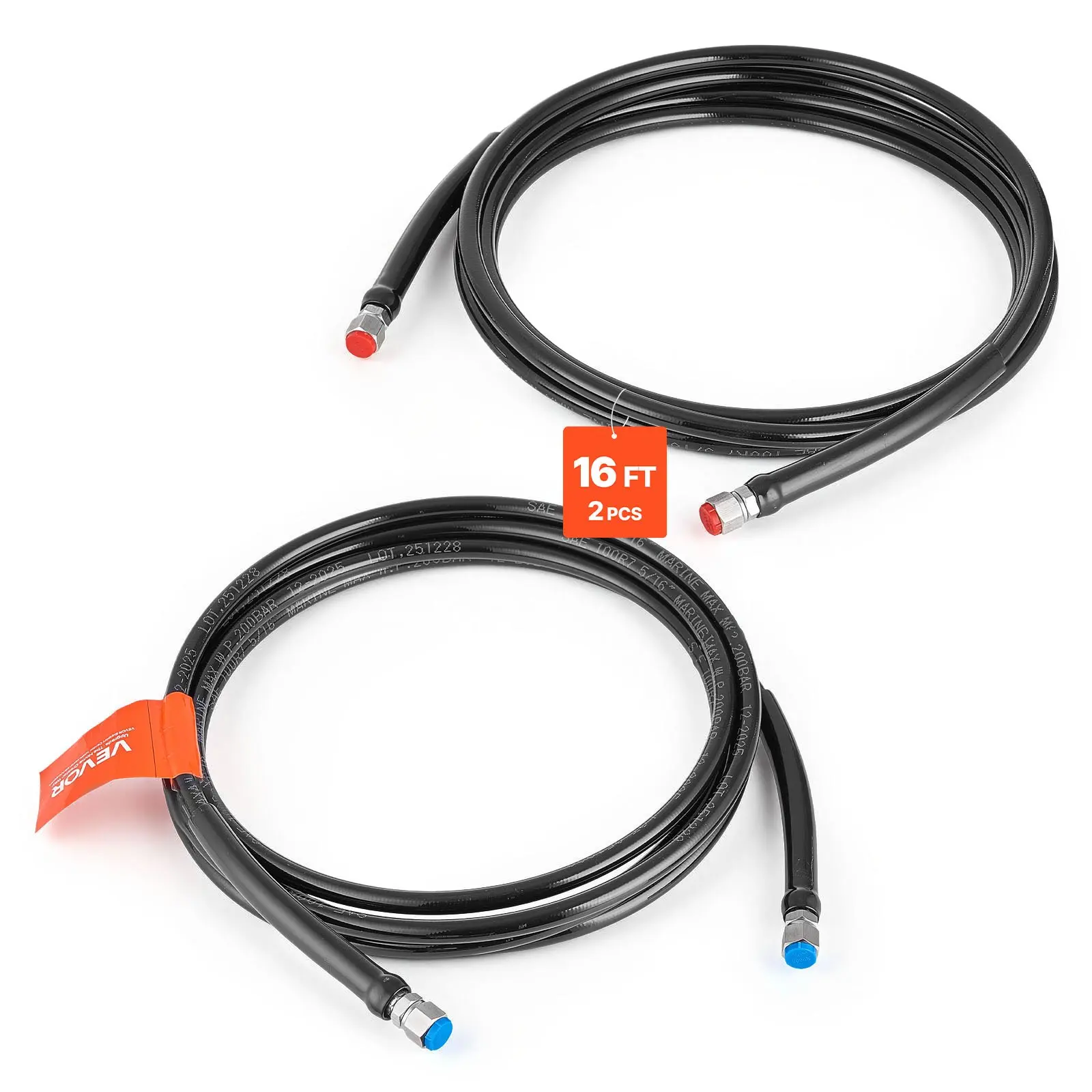 VEVOR Flexible Hydraulic Hose Kit, 16 ft 2-Piece Leak-Proof TPEE Outboard Steering Hose with 304 Stainless Steel Connector, Precision-Fit for Marine Outboard Steering Systems & Yachts, 20 MPa High Pressure Resistance, 16 Ft Hoses