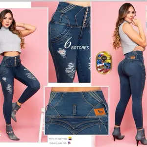 2365 Cillero de seis botones Destroy sin bolsa con bordado en la cintura tiro alto efecto Push Up jeans de alta calidad hechos en Colombia