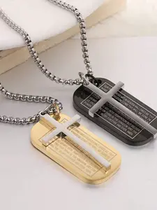 Fashion Stainless Steel Engraved Bible Verse Dog Tag Cross Pendant Necklace, Silver Gold Colors, Unisex Trendy Religious Jewelry
