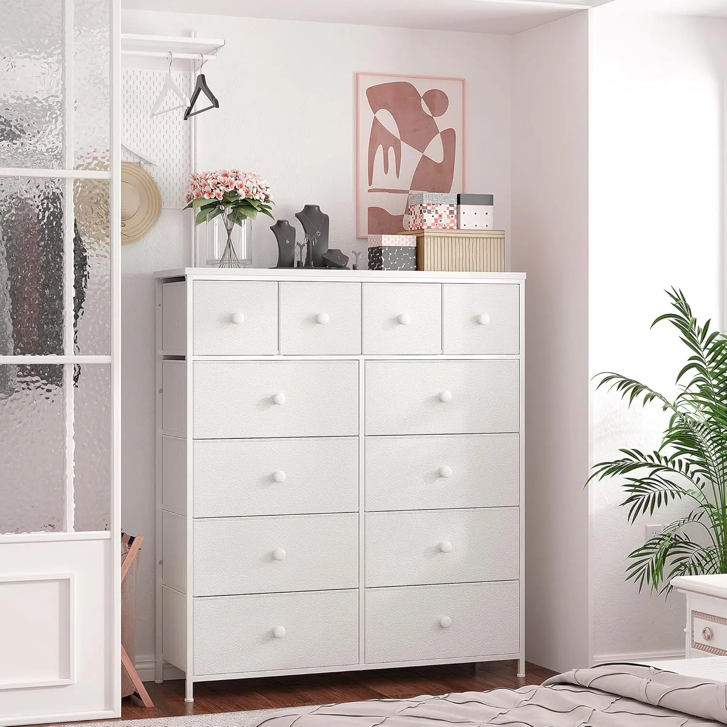 Raybee Furniture 12-Drawer Tall Dresser - Wooden Top, Metal Frame Fabric Storage Organizer, Closet Organization Solution, Dresser for Bedroom, Multi Drawer Cabinets, Large Indoor Modern Design Cabinet (Ideal for Bedroom, Closet)