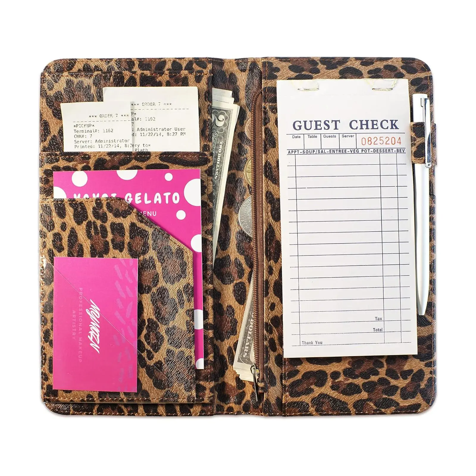 Server Book for Waitress Book with Zipper Pocket, 5x9 Leopard Magnetic Closure Server Wallet with Money Pocket and Zipper Pouch