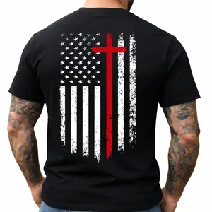 Distressed USA Flag T-Shirt with Bold Red Cross Christian Symbol