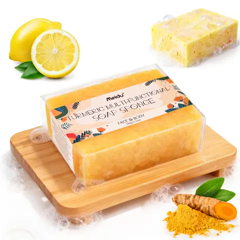 MEIDU Fragrance-Infused Turmeric Multi-Functional Bath Soap Sponge - Gentle Cleanser, Exfoliator, Moisturizer, Brightening, Sensitive Skin Safe, Full Body Use, Acne & Dark Spot Care, Coconut-Olive Oil & Shea, All Skin Types, Body Care Essential