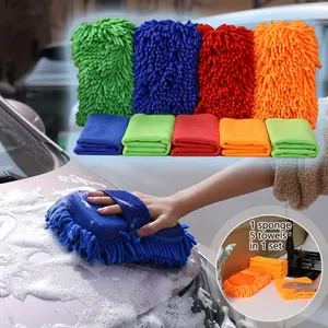 6pcs/set Car Wash Kit, Car Wash Accessories with Chenille Sponge & Microfiber Towels, Super Absorbent Scratch-Free Cleaning Set for Auto Detailing, Home Kitchen & Commercial Use, Pack with Gloves & Hand Strap (Multi-Purpose Reusable) Car Cleaning Supplies
