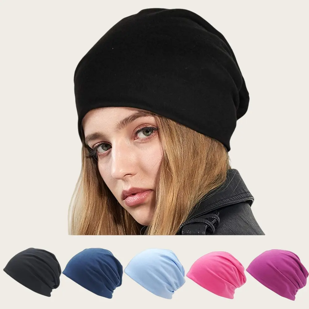 5-Pack Unisex Slouchy Beanies, Solid-Color Polyester Stretch Knit Skull Caps, Soft Warm Headwear for Daily Wear, Sleep & Hair Loss Support