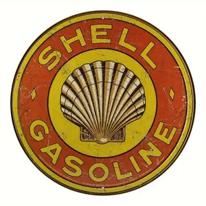 Vintage Shell Gasoline Metal Sign, Round Aluminum Wall Art, UV Printed Rustic Plaque, Indoor and Outdoor Decor