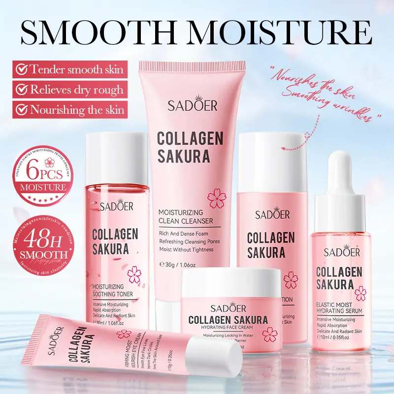 Cherry Blossom Collagen Travel 6pcs Skincare Glow Set Moisturizing Kit Portable for Travel & Daily Use Skin Care Sets