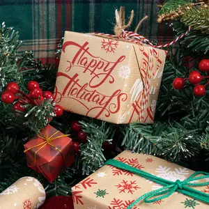 RUSPEPA Christmas Kraft Wrapping Paper Roll - 4 Designs Snowflake Reindeer Tree Greetings - 17x10 Feet Recyclable Eco-Friendly for Holidays with Grid Cutting Line