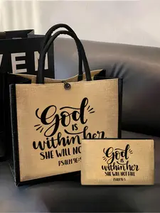 God, Jesus, Faith，Christian Themed Tote Bag And Makeup Pouch Set, Vacation Style Letter Design Bag For Shopping Outfits，Women's Stylish Canvas Tote with Button Burlap Bag-Perfect for shopping，Portable Tote Bags