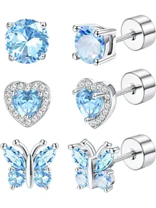 3 Pairs 20G Birthstone Stud Earrings Silver 925 for Women Earrings Flat Back Ear Cartilage Multicoloured CZ Heart Butterfly Hypoallergenic Birthday Gift, Sterling Silver