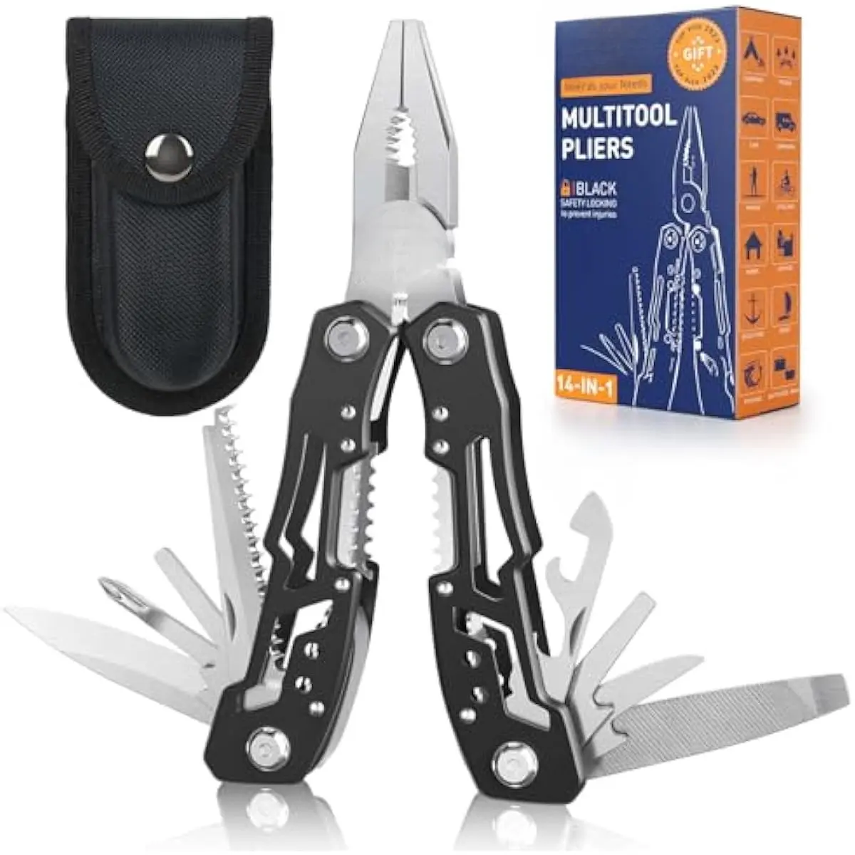 14-in-1 Portable Stainless Steel Multitool - Pocket-Sized Compact Utility Tool with Side Lock, Foldable Design, Pliers, Knife, Bottle Opener, Screwdriver, Nylon Sheath (1 Pc) for Survival, DIY Tasks, Ideal for Boyfriend, Father's Day, Birthdays