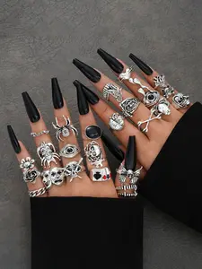Punk Gothic Style Halloween Themed Ring Set, 24pcs/set Fashionable Skull & Spider Design Rings for Women & Men, Dark Aesthetic Rings, Trendy All-match & Exquisite Jewelry for Birthday Gift