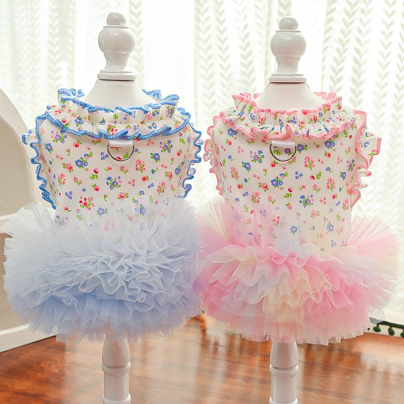 Pet Clothes Dog Cat Princess Mesh Dress Floral print Lace sleeveless Cute Breathable With Leash Ring D00048