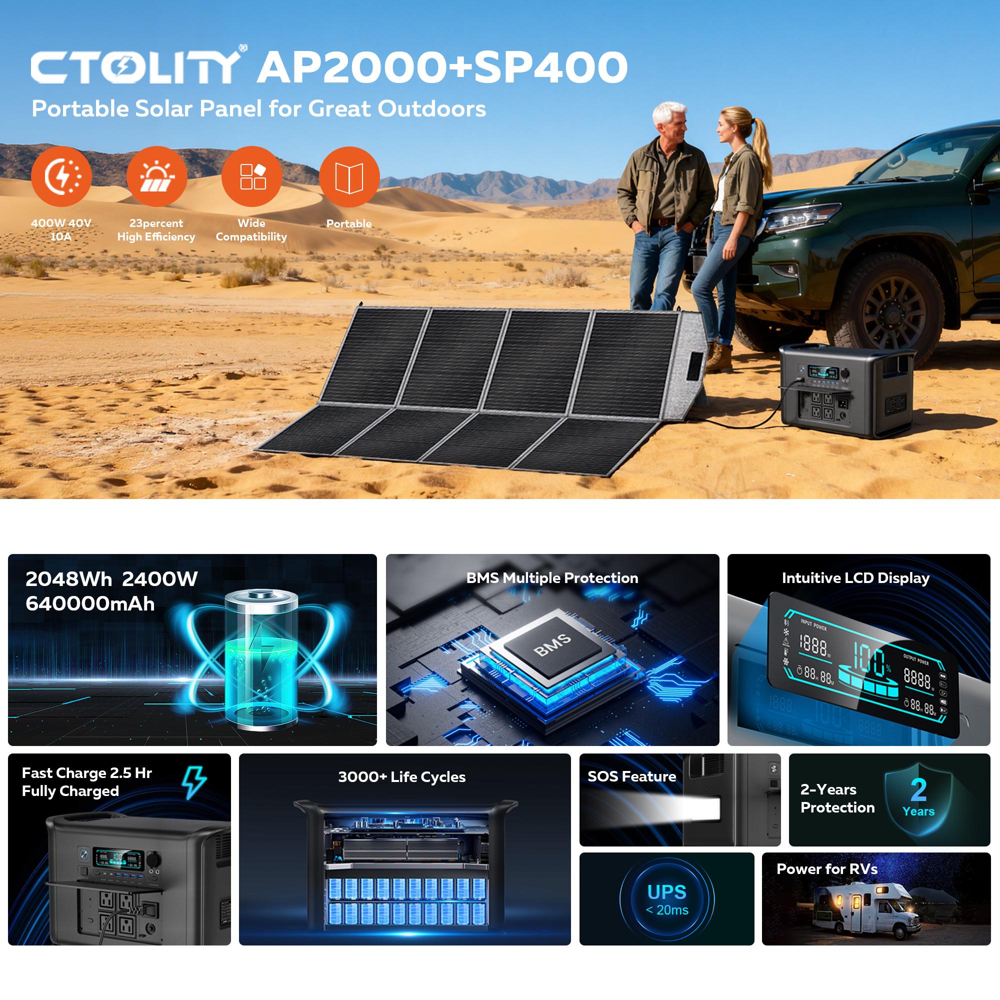 [TikTokShopBackToSchool] CTOLITY AP2000 2400W Portable Power Station + SP400 400W Solar Panel, 2048Wh LiFePO4 Solar Generator, 1000W Fast Charging, Battery Backup with UPS, Home Solar Power Station for RV, Camping & Emergency Use, Back to School Haul