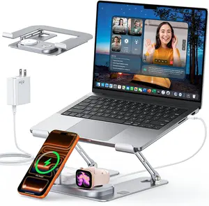 Laptop Stand with Wireless Charging Station, 3-in-1 Foldable Aluminum Laptop Stand with MagSafe Charger for iPhone, Apple Watch & AirPods, 30W USB-C Fast Charging, Adjustable Desk Stand for MacBook, iPad, Office & Travel
