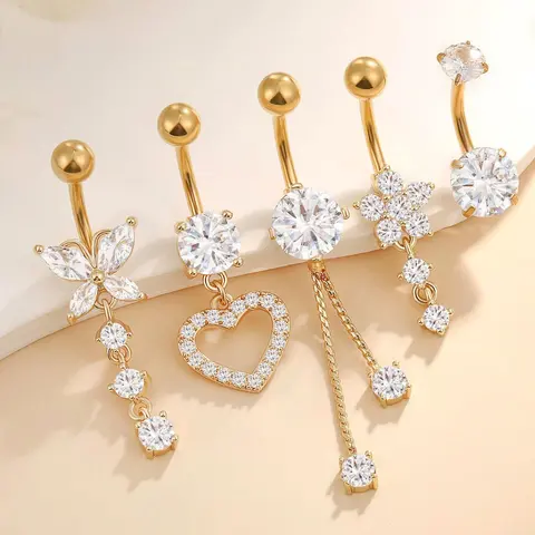 Rhinestone Decor Belly Button Ring, Cute Butterfly Flower & Love Heart Charm Belly Ring, Body Jewellery Belly Button Jewelry for Women & Girls Valentine's Day Gift #GLOBAL PICKS