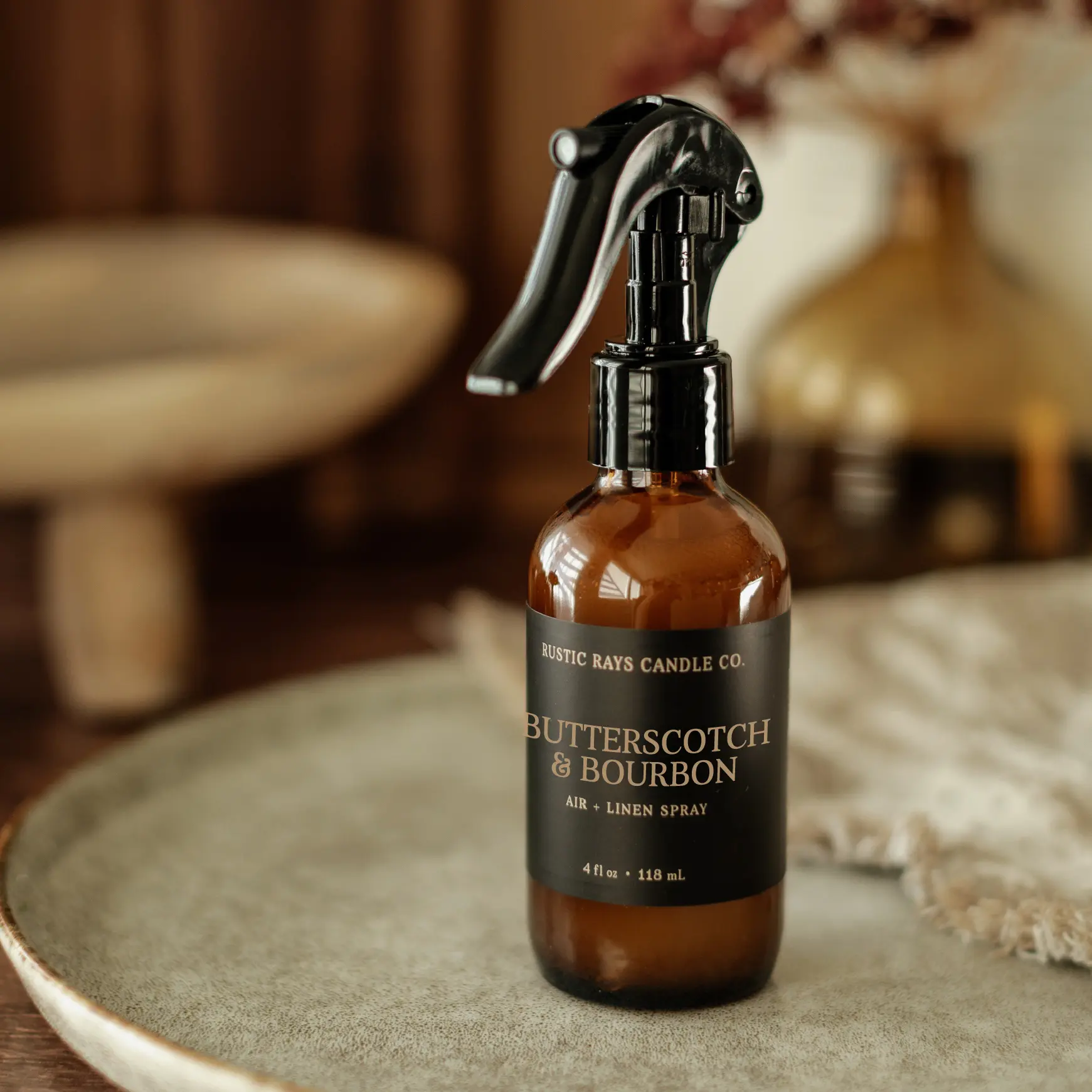 Butterscotch & Bourbon Room Spray - Fall Home Fragrance - Air and Linen Spray - 4 oz Glass Bottle