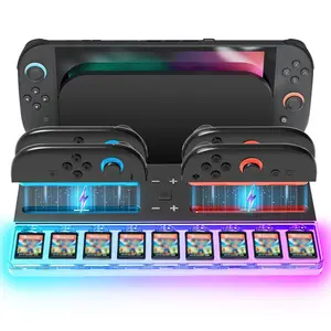 Charging Station Compatible with Switch 2 Joy- Con, Up to 4 Controllers, with 7 Color RGB Lights Game Card Slots, Fast Charging