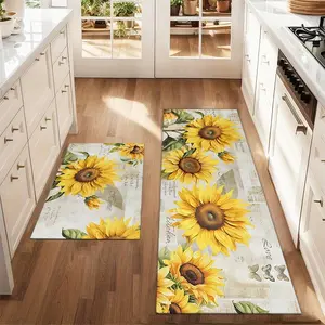 2Pcs Retro Sunflower Floor mat set including farmhouse kitchen Rug dining room flooring laundry room decorative carpet mat