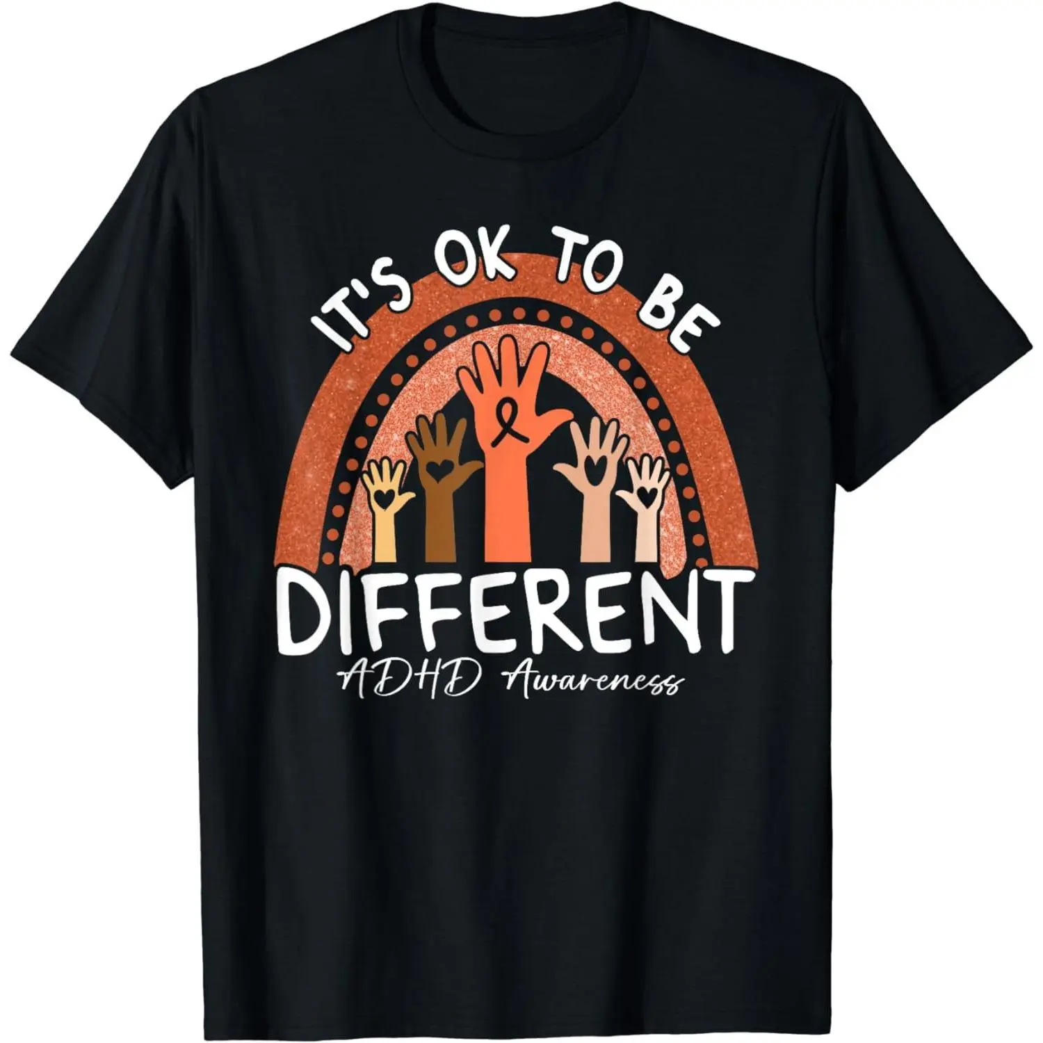 Cotton Short Sleeve ADHD Awareness Shirt Orange Rainbow Hands T-Shirt For Men Women