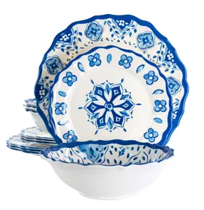 12 Piece Scalloped Lightweight Melamine Dinnerware Set in Blue