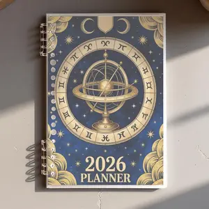 2026 Astrological Planner, A5 Lined, Celestial-themed Cover with Golden Armillary Sphere & Zodiac Wheel, Deep Blue Starry Sky Design, Ideal for Office Planning & Organization, Premium Paper for Smooth Writing, Trendy Office Notebook