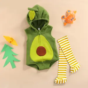 Babies Casual Two-piece Clothes Set, Green Avocado-shaped Sleeveless Romper and Stockings Outfits Infant