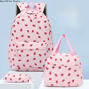 2026 Trending Kawaii Girls School Backpack Set, Cute Corduroy 3-in-1 Bookbag with Lunch Box & Pencil Case, Durable Large Capacity Student Travel Bag for Age 8-10 Kids School Everyday Use