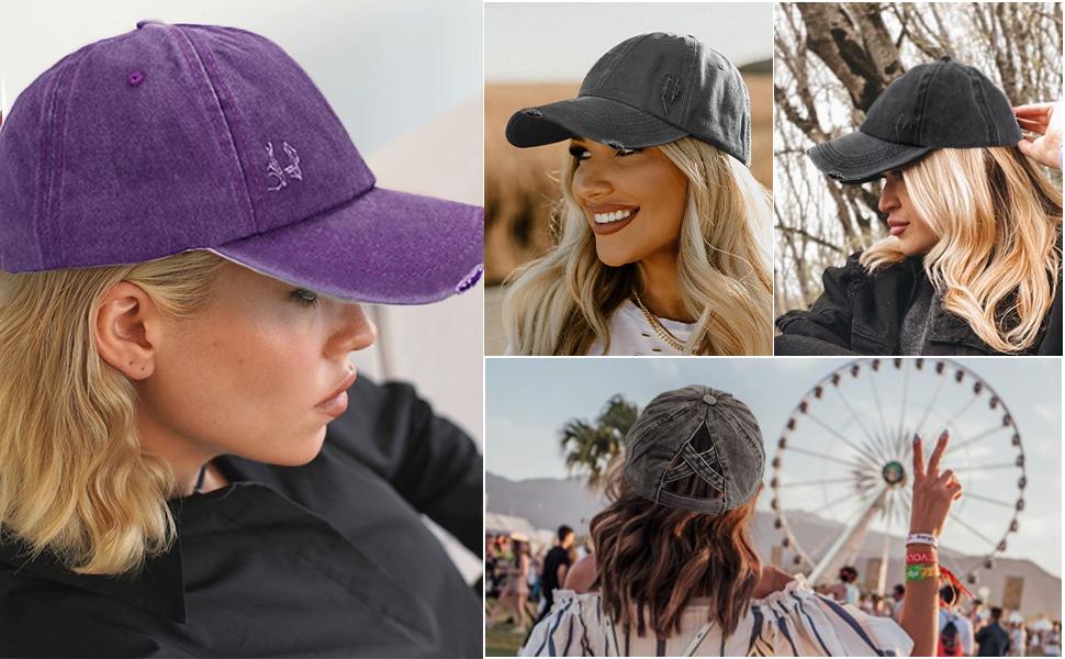 Criss Cross Ponytail Cap for Women - Adjustable High Bun Baseball Hat, UPF50+ Sun Protection, Washed Cotton