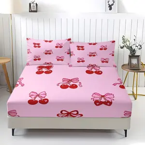 Simple Bow Cherry Pattern Fitted Sheet, Soft And Comfortable Bedding Set (1 Sheet + 2 Pillowcases, No Pillow Insert), Suitable For Bedrooms, Apartments, And Living Spaces, Suitable For Women, College Students, And Minimalist Decoration Lovers