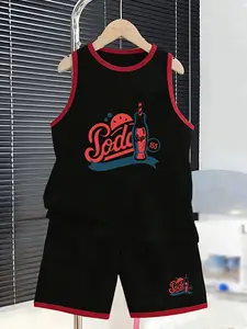 Vintage Soda Print Boys' Tank Top Set, Perfect for Summer Wear, Retro Style, Casual Daily, American Vintage Aesthetic, Fun and Stylish