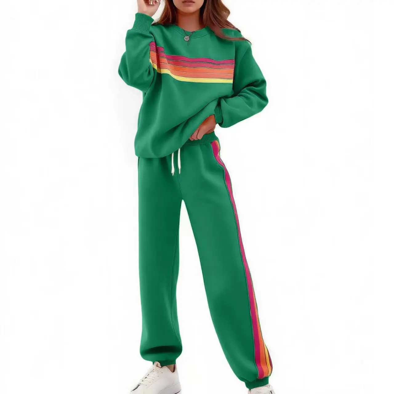 Women's Rainbow Stripe Two-Piece Tracksuit – Casual Long Sleeve Sweatshirt & Sweatpants Set