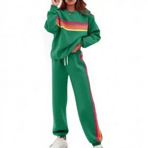 Women's Rainbow Stripe Two-Piece Tracksuit – Casual Long Sleeve Sweatshirt & Sweatpants Set
