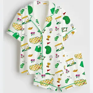 Golf Cart Pajama & Club Print Satin Short Pjm Set - Women's Novelty Golfer Sport Sleepwear Soft & Breathable Summer Sleepwear for Women
