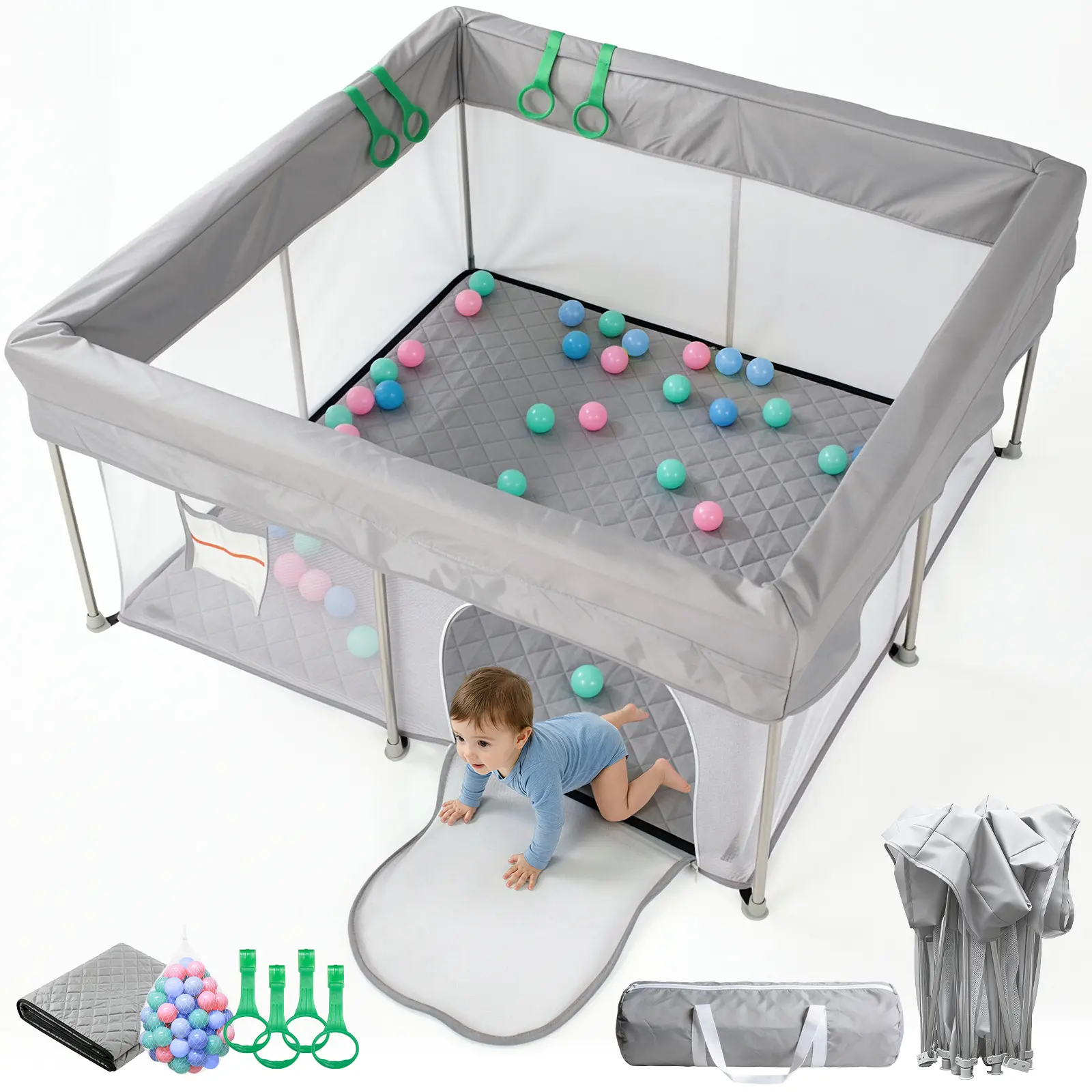 Foldable Baby Playpen, 50x50in Polyester-Oxford Safety Fence with Stainless Steel Frame, Portable Play Space for Babies & Toddlers with 50 Balls, 4 Pull Rings & Carry Bag, Indoor-Outdoor Activity Center for Parents