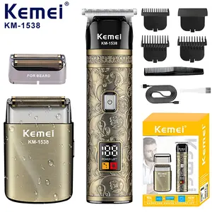 Kemei KM-1578 Professional Hair Clipper & Trimmer Set for Men 1 Box USB Rechargeable Haircut Kit with LCD Display Electric Foil Shaver T-blade Trimmer Micro Blade Tooth Spacing IPX6 Waterproof Brush split end trimmer
