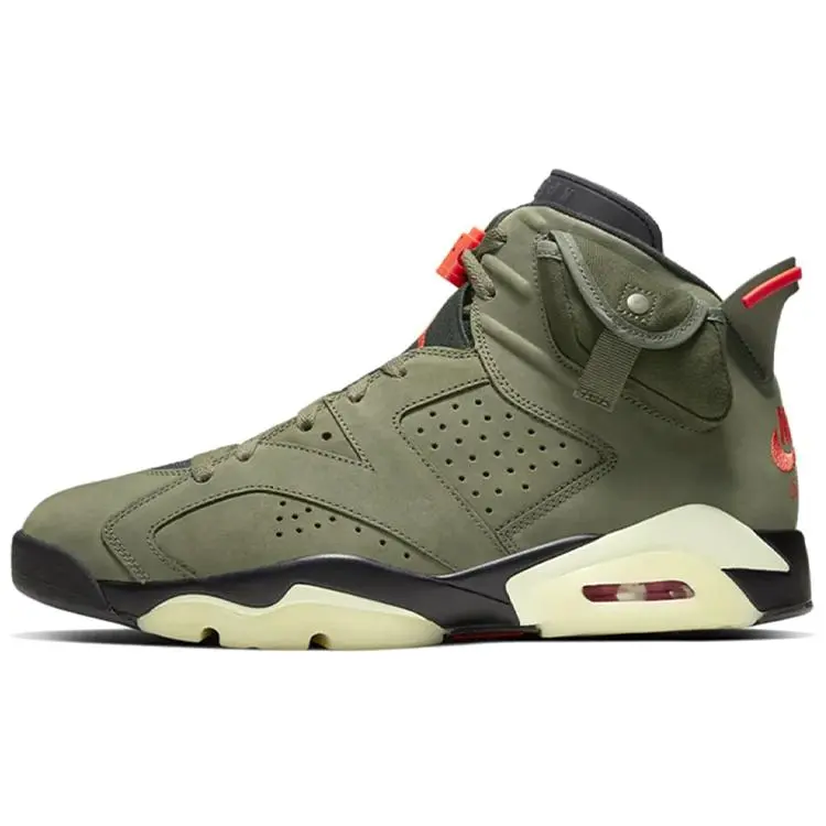 Jordan 6 Retro Travis Scott Cushioned Durable Mid Top Basketball Shoes Unisex Medium Olive Black-Sail-University Red CN1084-200