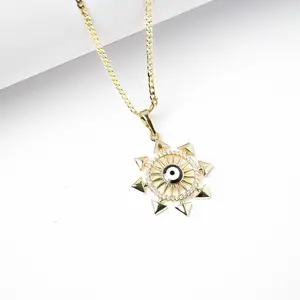 14K Laminated Gold Evil Eye Sun Pendant Necklace 2mm Chain 16 18 22 Inches CZ Accents Modern Protection Charm