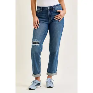 Judy Blue Mid Rise Boyfriend Embroidered Repair Patch Jeans