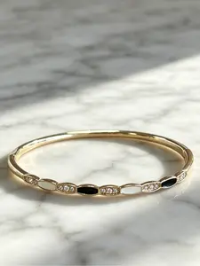Gold Hinged Bangle, Dainty Black & White Enamel Color Block Bracelet with Rhinestone Accents, Vintage Minimalist Jewelry for Holiday Party & Christmas, Self Love Healing Gift for Her, Daily Mood Booster, Anxiety Relief Elegant