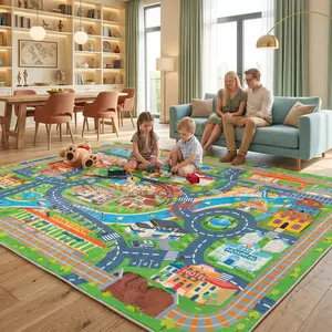 PLUMLIK Children's Town Educational Kids Car Road Rug Play Mat, Kid room decor Large 4x5 Area Rug with Train Track City Map, Non-Slip Machine Washable Town Map Carpet for Toy Cars Playroom & Bedroom, Boys & Girls Gift