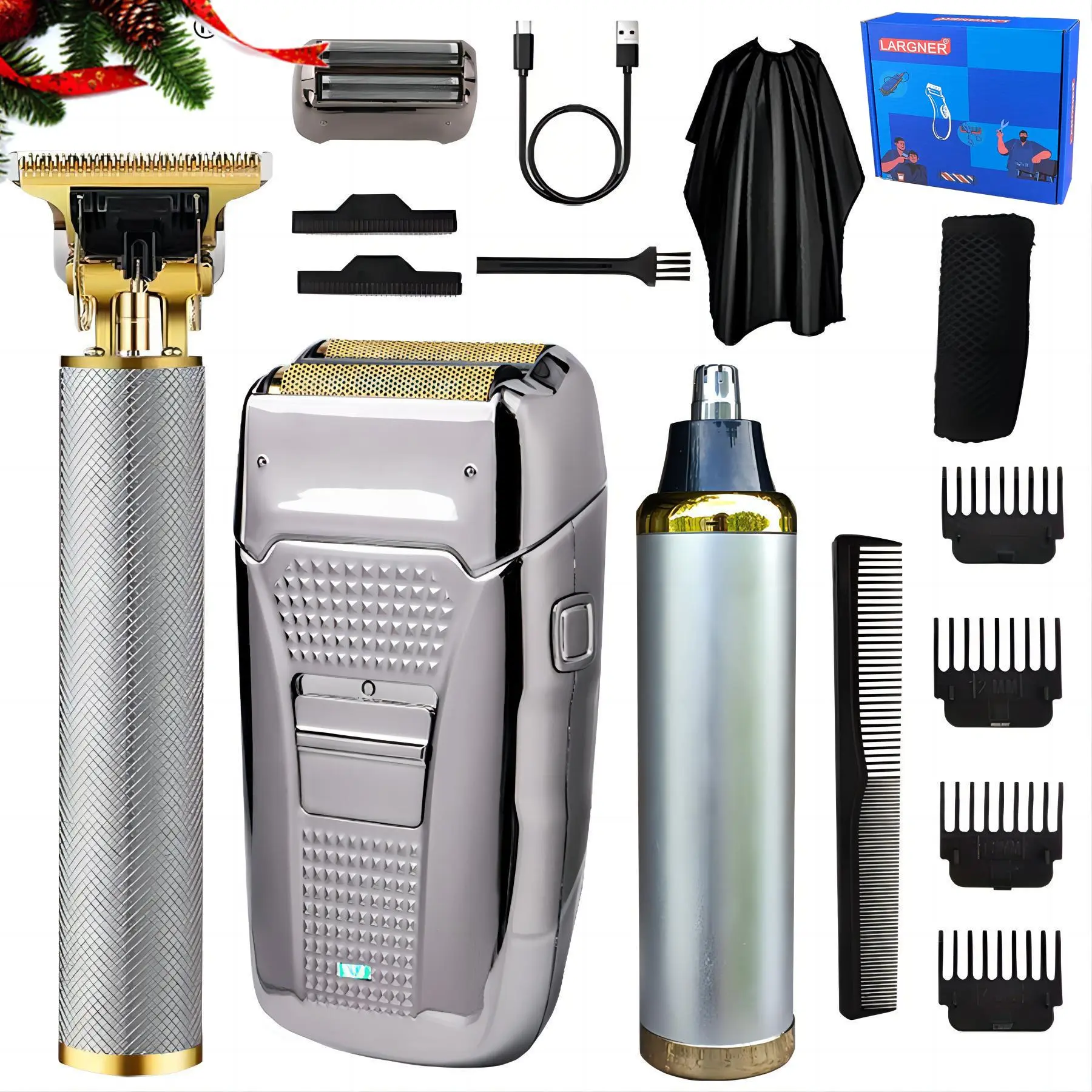 Largner Three-In-One Silver Color Electric Shaver Set, Includes Trimmer, Razor, Nose Hair Trimmer, Comb, Cloth, Multifunctional Hair Shaver, Perfect Gift for Men, Cordless Shaver, Shaving Products