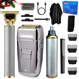 Largner Three-In-One Silver Color Electric Shaver Set, Includes Trimmer, Razor, Nose Hair Trimmer, Comb, Cloth, Multifunctional Hair Shaver, Perfect Gift for Men