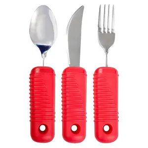 3 Piece Super Easy Grip Red Flatware Set - Bendable Built Up Large Fork, Knife, and Spoon