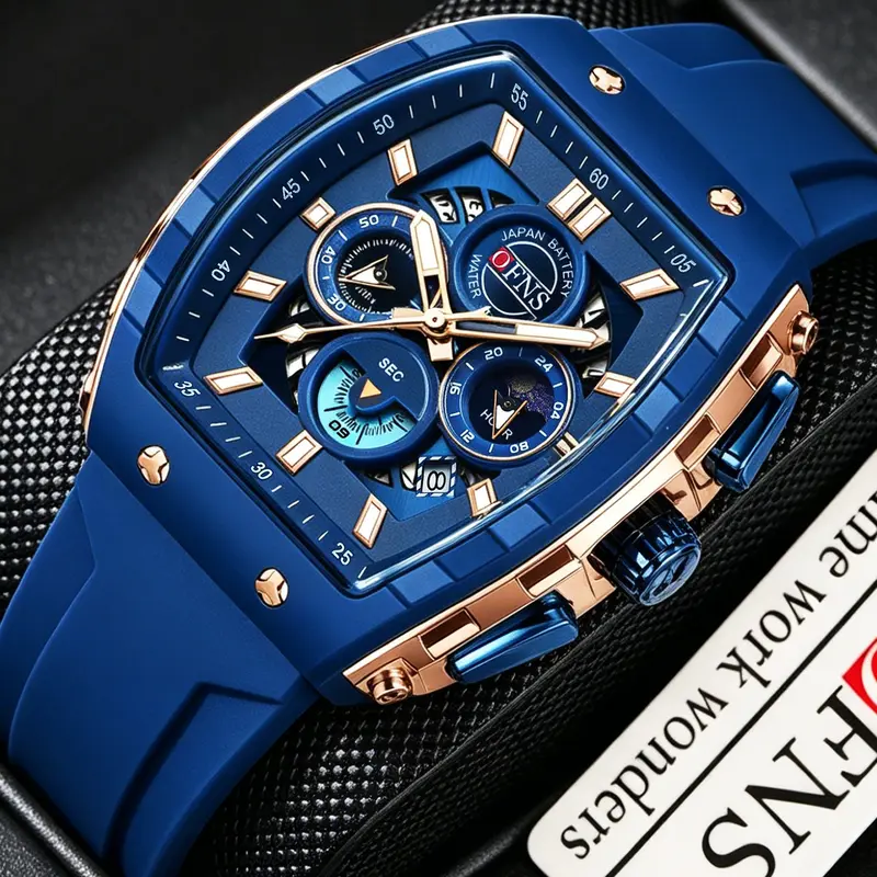OFNS 1203 Fashion Multifunctional Chronograph Wrist Watch, Three-eye Six-Hand Quartz Watch with Calendar Window, Men's Business Style Waterproof Watch, Quartz Analog Wristwatch