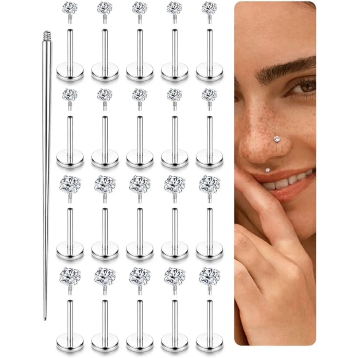 Milacolato Hypoallergenic Surgical Steel Piercing Jewelry, 16G Flat Back Studs with CZ Internally Threaded Gems for Tragus, Helix, Conch, Lip Labret Studs, Nose Piercing, Flat Back Earrings, Casual, Female, Geometric, 6Mm