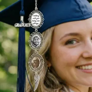Personalized Graduation Tassel Photo Pendant – Custom Photo Charm for Grad Cap, Memorial Gift for Graduate, Heart & Angel Wings Keepsake