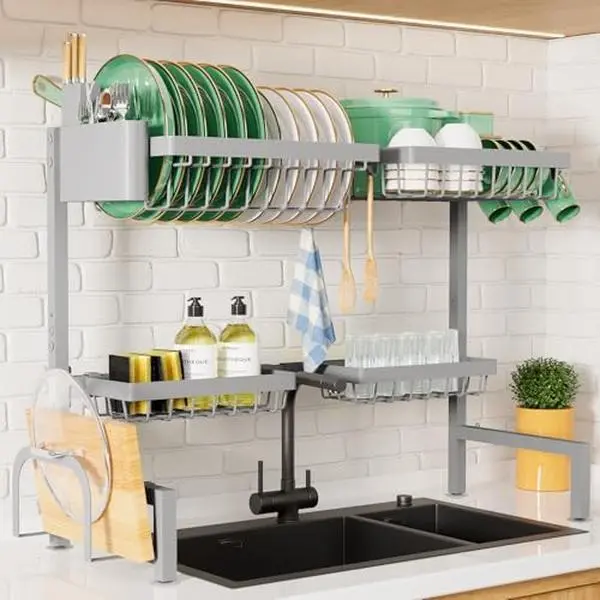 Over The Sink Dish Drying Rack , Adjustable Sink Drying Rack for Kitchen Sink with Multifunctional Baskets, Grey 30.0" to 33.9"x21.5