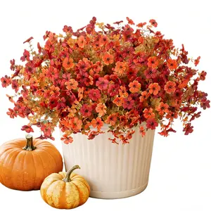 Fall Mums Artificial Flowers for Outdoors Potted, 20 Bundles Fake Fall Daisy Flower with Realistic Eucalyptus Leaves, Fake Plants for Greenery Boxwood Porch Patio Garden Pot Courtyard, Orange and Red